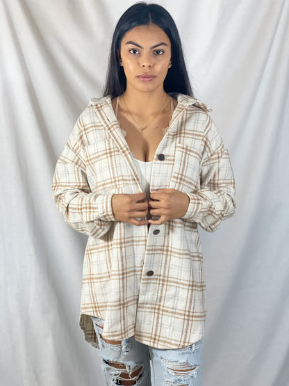 Finders Keepers, Oversized Flannel Shacket (Cream/Brown)