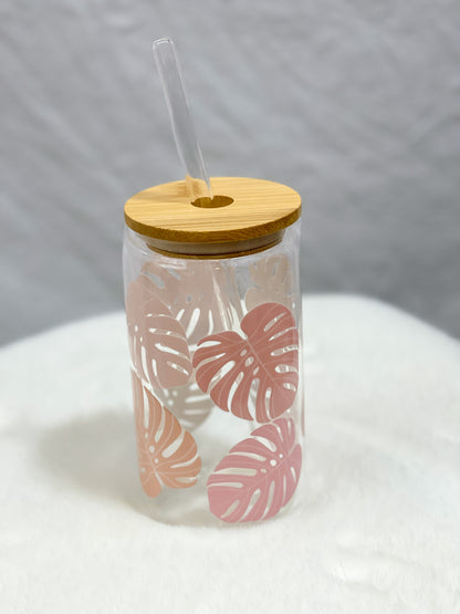 Pink Pastel Monstera Glass Tumbler - 16oz